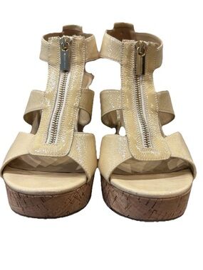 Michael Kors Cork Wedge Sandal Women’s Size 9.5 Patent Leather Nude Zip Up